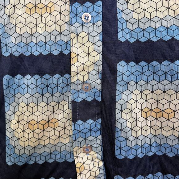 Vtg 70s Mervyns Disco Shirt Mens Geometric Button Up Nylon Dagger Collar Cubes - Picture 5 of 11